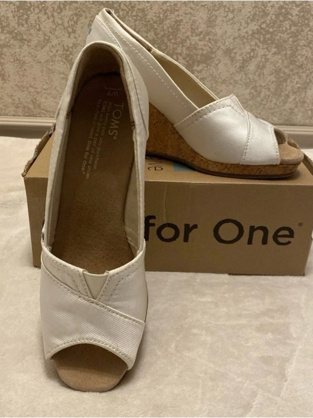 TOMS White Grosgrain Peep-Toe Cork Wedge Espadrille